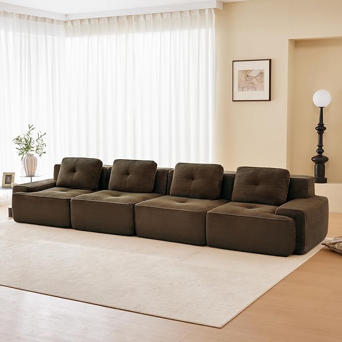 150" Modern Compressed Boneless Couch, 4 Seater Sectional Couches for Living Room, Brown Corduroy Cloud Modular Sectional Sofa, Comfy Memory Foam, Extra Deep, Sofas para Sala, No Assembly