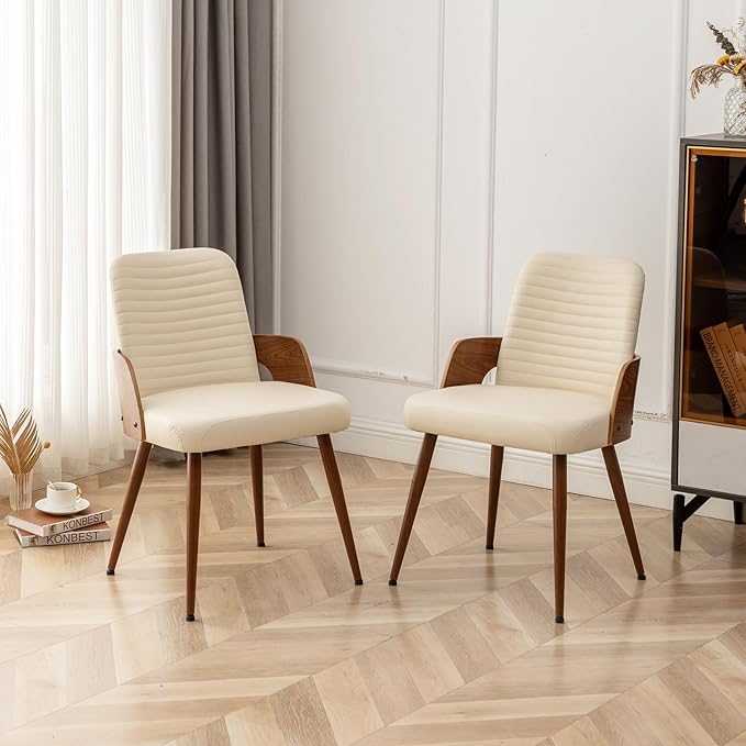 Dining Room Chairs Set of 2,Mid Century Modern Kitchen Chair,Upholstered Faux Leather Accent Chairs,Metal Legs Wooden Desk Chair,Armless and No Wheels for Kitchen Dining,Beige PU