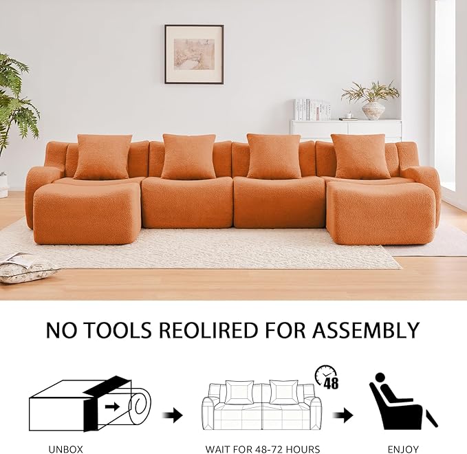 Orange U-Shaped Cloud Couch with 2 Ottomans, Modern Teddy Fabric Boneless Sectional Sofa in a Box for Living Room, Modular Floor Couch, Deep Seat, No Assembly Required, Sofas para Sala
