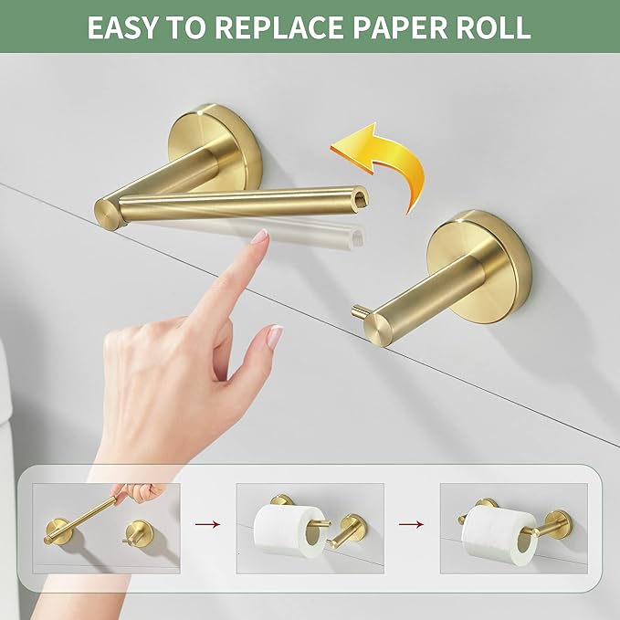Gold Bathroom Hardware Set, Brushed Gold Toilet Paper Holder Towel Ring Robe Hooks Wall Mount Hand Towel Holder Bath Accessories Stainless Steel, 3 Pieces
