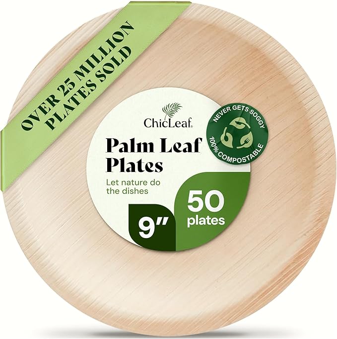 Chic Leaf Palm Leaf Plates - 9" Round - 50 Pack of 100% Compostable, Biodegradable & Disposable Bamboo Plates – Heavy Duty, Sturdy Paper Alternative for Christmas Meal, Wedding Desserts & Events
