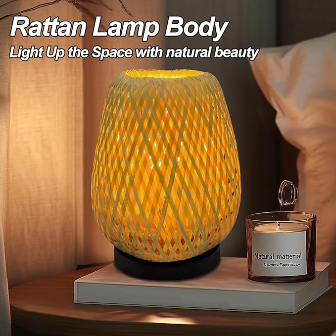 Boho Woven Nightstand Table Lamp - Bamboo 3 Color Temperature Handmade Lamp for Bedroom, Living Room