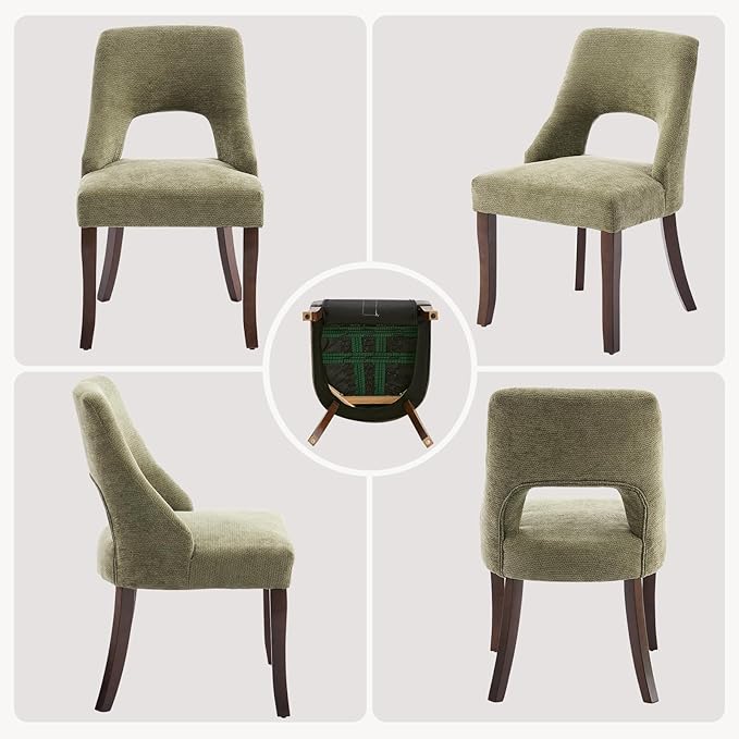UVV Wooden Dining Chairs Set of 6, Mid Century Modern Chenille Upholstered Dining Room Chair Kitchen Chairs, Farmhouse Dinner Chair with Solid Wood Legs for Kitchen Dining Room, Green