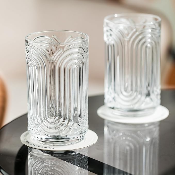 INSETLAN Set of 12 Vintage Glassware - 14 oz Water Drinking Glasses, Art Deco Ripple Glass Cup, Cocktail Glasses, for Bar Beverages, Iced Coffee, Juice, Housewarming Presents, New House Essentials