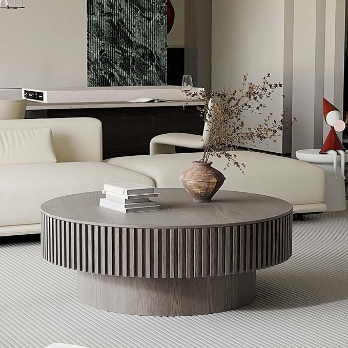 39'' Large Round Coffee Table with Storage, Fluted Coffee Table with Solid Wood Veneered, Mid Century Modern Wooden Center Table, Accent Tea Table for Living Room Apartment, Grey