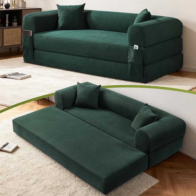 Convertible Folding Sofa Bed,80" Pull Out Couch with Pillows & Storage Pocket,Modular Futon Bed Corduroy Queen Sleeper Sofa in a Box,Compression Boneless Couch for Living Room,Deep Green