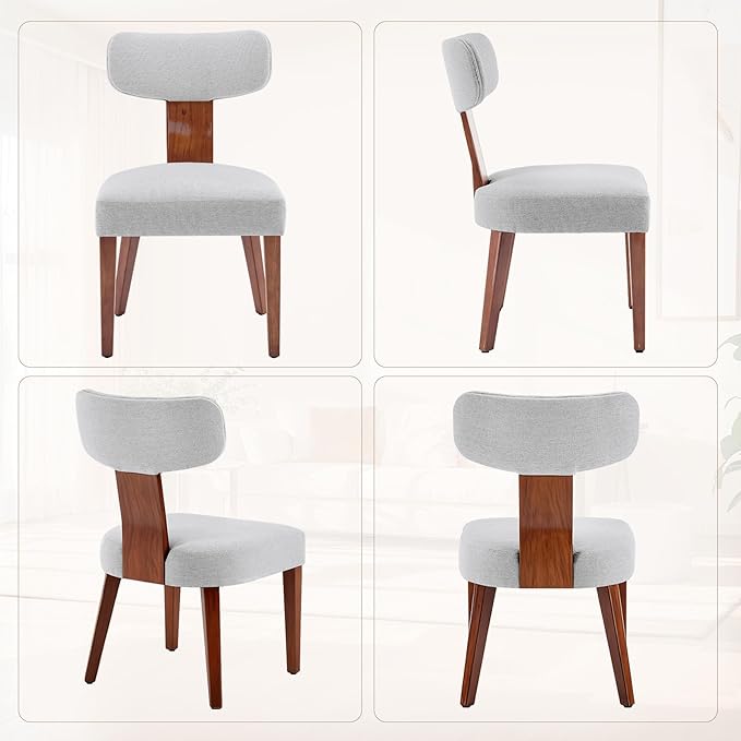 Dining Chairs Set of 2, Mid-Century Modern Upholstered Kitchen Chairs with Curved Backrest and Linen Fabric Seat, Wood Leg Accent Chairs for Dining Room, Living Room, Bedroom, Grey
