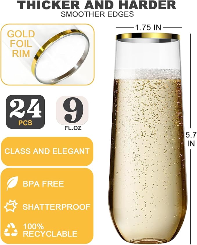 24 Pcak Champagne Flutes Plastic, 9 Oz Disposable Stemless Mimosa Gold Rim Toasting Glasses, Clear Crystal Plastic Cocktail Cups for Party Wedding Birthday