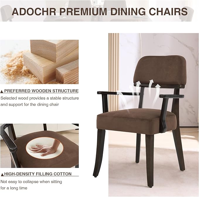 Modern Wood Dining Chairs with Arms Set of 4, Velvet Upholstered Kitchen Chairs with Open Curved Backrest & Black Hardwood Legs, Accent Chairs 350 LBS Capacity, Brown