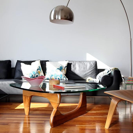 Mid Century Coffee Table Triangle Glass Coffee Table with Solid Wood Base and Thick Clear Glass Top Modern End Table for Living Room, Patio, Office, Light Walnut