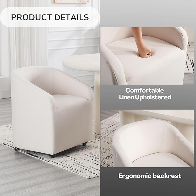 Set of 6 Modern Upholstered Dining Chairs with Swivel Casters, Linen Barrel Back Accent Side Chair for Dining Room Living Room, Beige