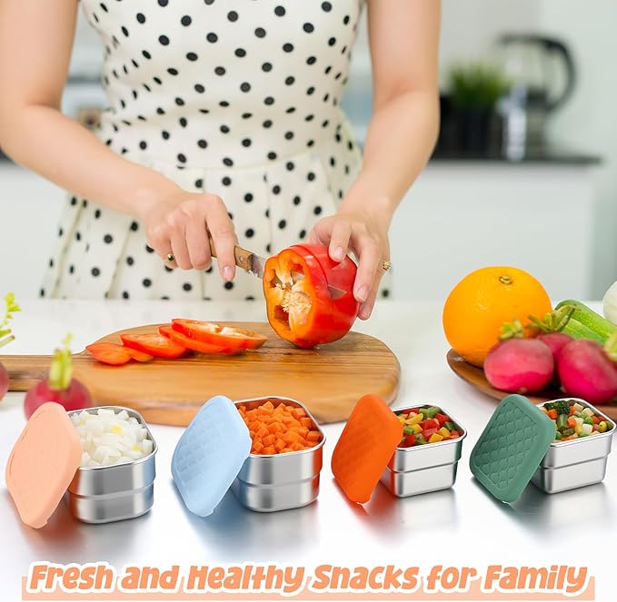 8 Pcs Stainless Steel Snack Containers 8oz & 4oz Easy Open Leak Proof Food Containers with Silicone Lids Reusable 304 Metal Food Box for School Home Picnic (Macaron)
