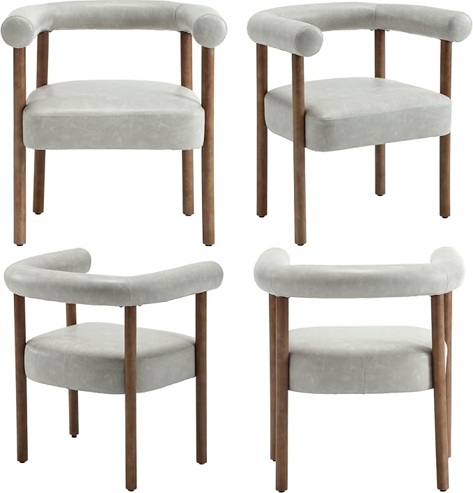 Mid-Century Modern Dining Chairs Set of 6, Armrest Barrel Dining Chairs Side Accent Chairs with Curved Back, Upholstered Wood Armchairs for Kitchen, PU Leather Grey