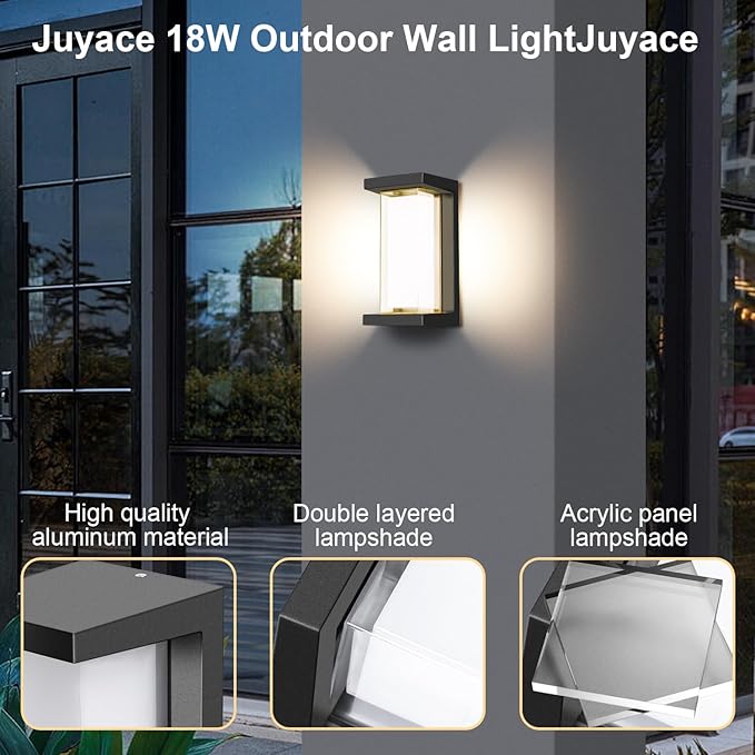 Juyace 18W Exterior Lighting Fixtures 6 Pack Budget-Friendly Outdoor Porch Lights Modern Black Sconces Wall Mount 1800Lm 3000K IP65 Waterproof for Garage House Patio Front Door Entryway