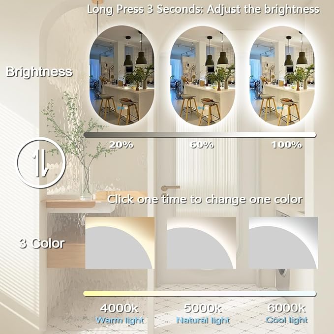 THEKLA LED Oval Backlit Mirror for Bathroom Wall Vertical Horizontal Mount Makeup 16 x 24 inch Frameless Backlight Oval Lighted Vanity Mirror with Lights Smart Memory 3 Color Backlit Dimmable Anti-Fog
