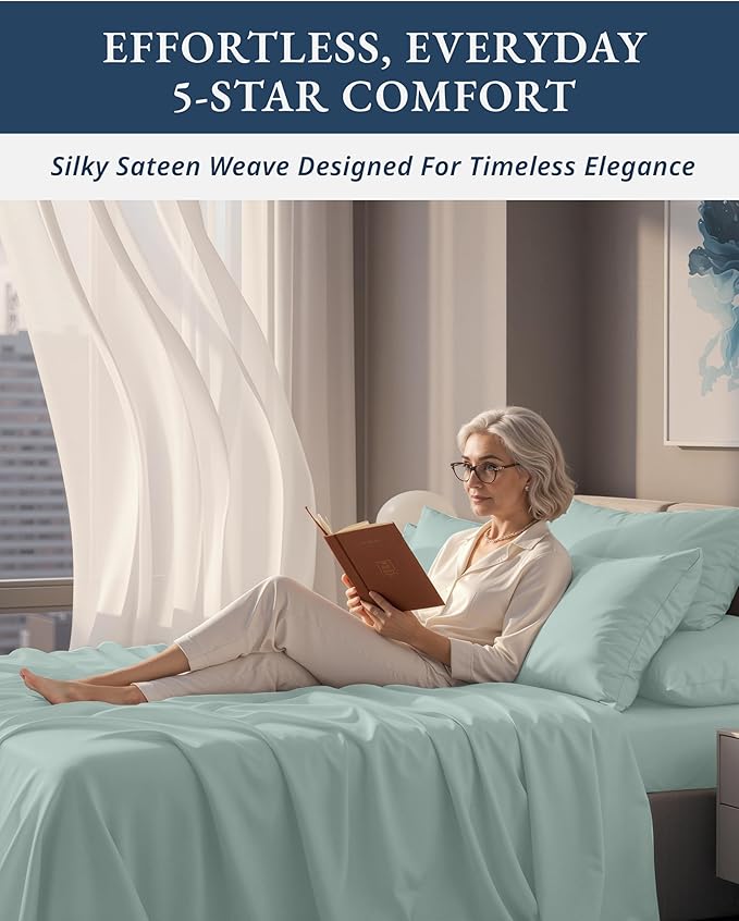 LANE LINEN 100% Egyptian Cotton Queen Sheet Set,15 inch Deep Pocket Fully Elasticized French Reinforced Pocket Seams for Soft, Comfy & Fresh Bed Eco Friendly Cooling Sheets Queen - Jadeite