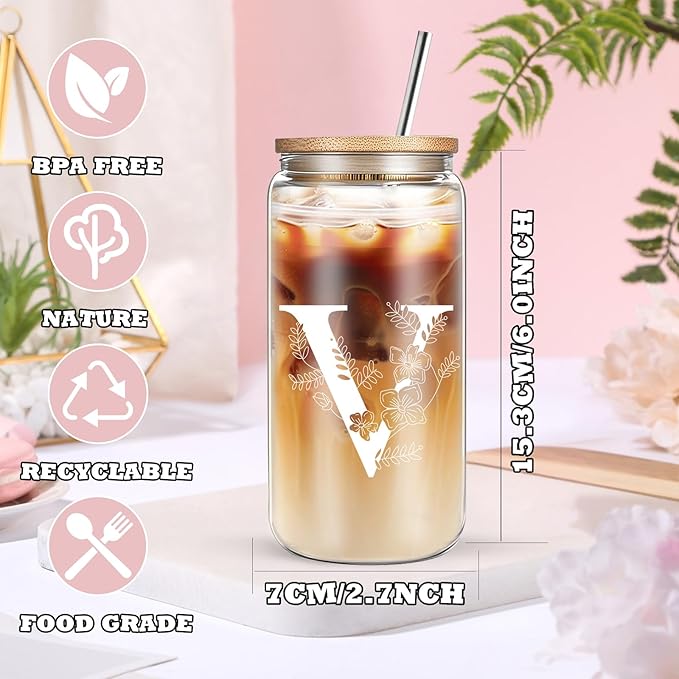 Unique Initial Glass Cup with Lids and Straws, Monogrammed Gifts Box Included Makeup Bag, Christmas Birthday Gifts for Women Mom Sister Grandma, V