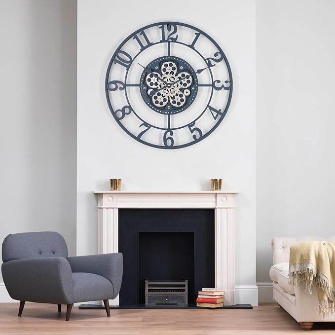 24 Inch Large Wall Clocks for Living Room Decor with Moving Gears,Large Wall Clock Industrial Steampunk,Oversized Metal Analog Wall Clocks for Farmhouse Home Battery Operated