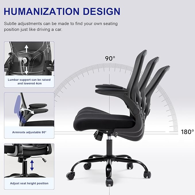 Ergonomic Office Chair-High Back Desk Chair, Adjustable Lumbar Support, Flip-Up Arms, 90-120° Tilt Lock, Breathable Mesh Back Rolling Work Chair for Man Woman(Black)