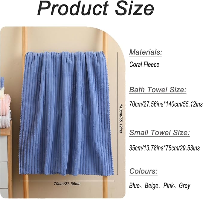 Coral Fleece Towel and Bath Towel Set Extra Thick Absorbent Wave Pattern 2 Piece Set for Home Spa and Travel Soft and Quick Drying (Blue)
