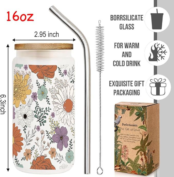 Floral Daisy Iced Glass Cups with Bamboo Lids and Straws 16oz Wildflower Gift for Women Cute Flower Drinking Glass with Cleaning Brushes, Flower Gifts for Mother Birthday Bridesmaid Party