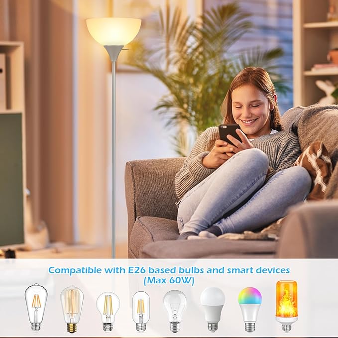 Floor Lamp, LED Standing Lamps with White Plastic Shade, Corner Floor Lights for Living Room Bedroom, Rotary Switch, Bulb not Included, Grey