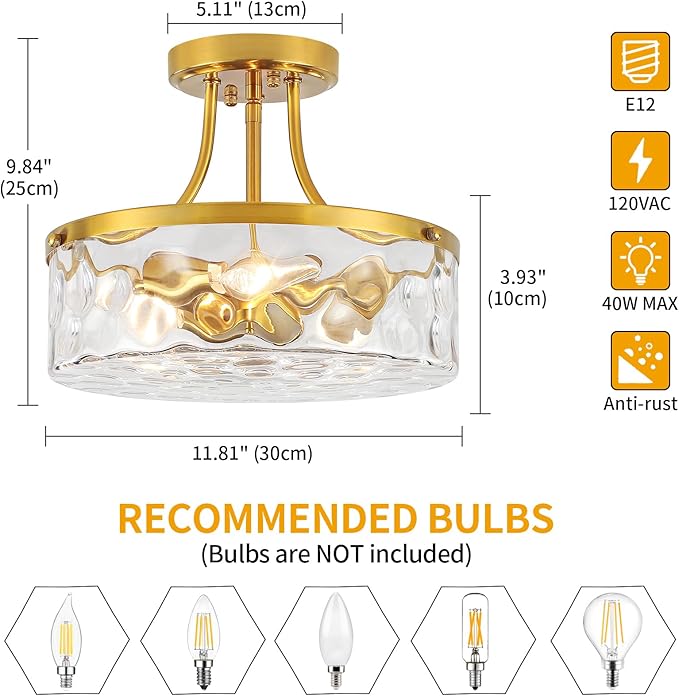 11.81" Modern Gold Semi Flush Mount Ceiling Light, Hammered Glass Hallway Light Fixtures, Entryway Light Fixture, 3-Light Lighting Fixtures for Kitchen Island Dining Room Bedroom Laundry, UL Listed