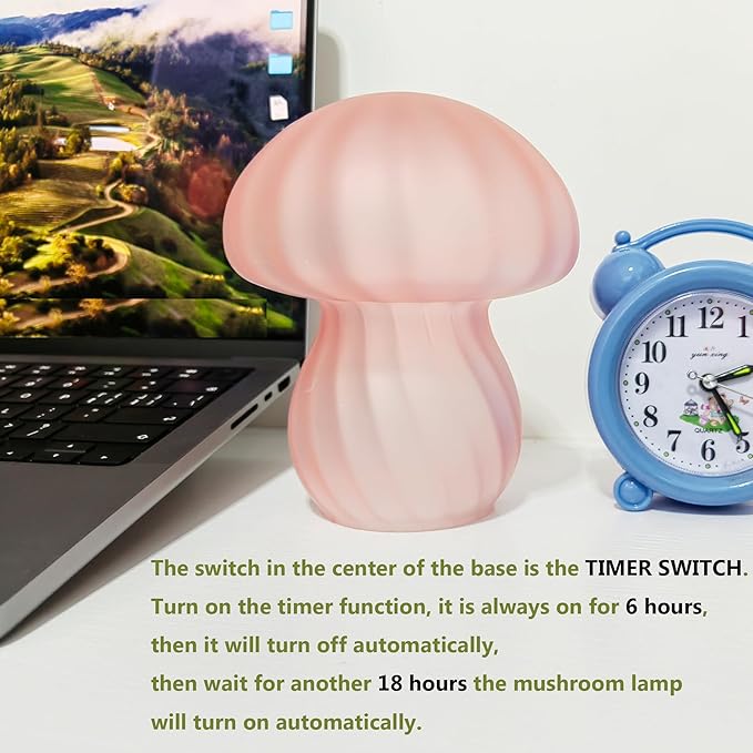 Mushroom Table Lamps Night Lights Cute Glass Nightstand Bedside Desk Lamps for Bedroom Living Study(Bulb Included) - Pink Stripes