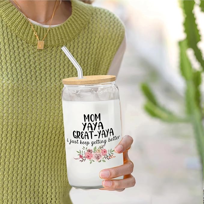 Christmas Grandma Gifts For Mom Yaya Great Yaya Glass Coffee Cup With Lid And Straws 14oz - christmas Glass Cup gifts For Grandmother
