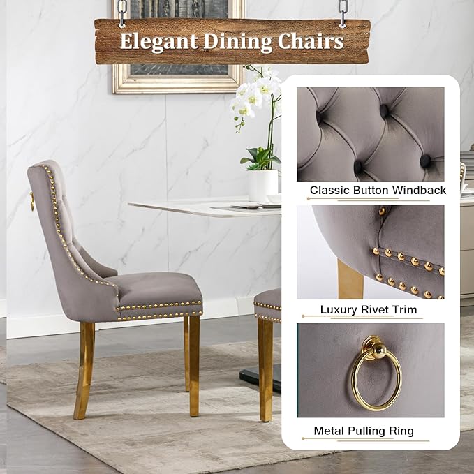 Goujxcy Small Round Dining Table Set for 4, Modern Glass Kitchen Table Chairs Set of 4, 5-Piece Dining Table Set w/36 Circle Gold Glass Dining Room Table and 4 Grey Upholstered Dining Chairs