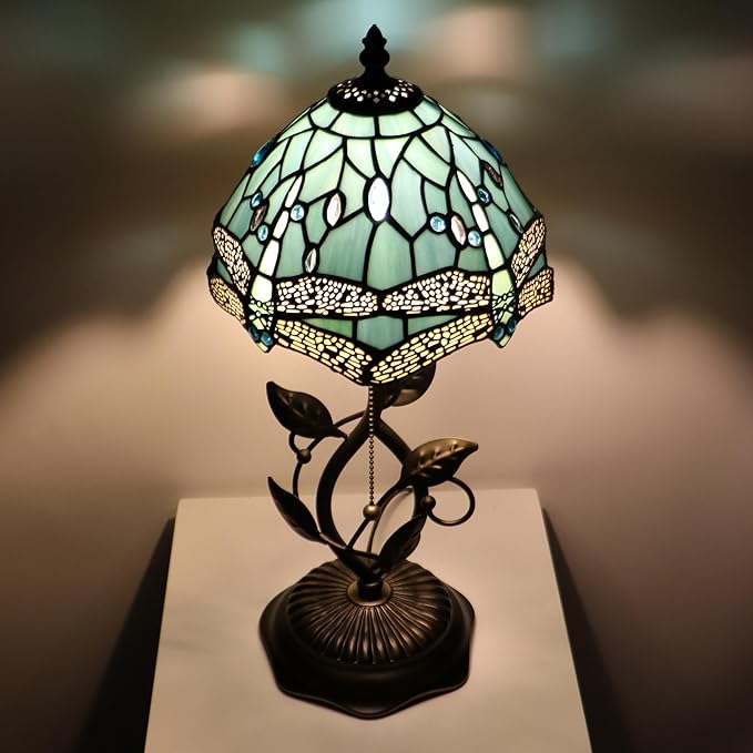 Small Stained Glass Lamp Sea Blue Dragonfly Style Table Lamps Desk Bedside Reading Light 8X8X18 Inches with Bronze Metal Leaf Resin Base