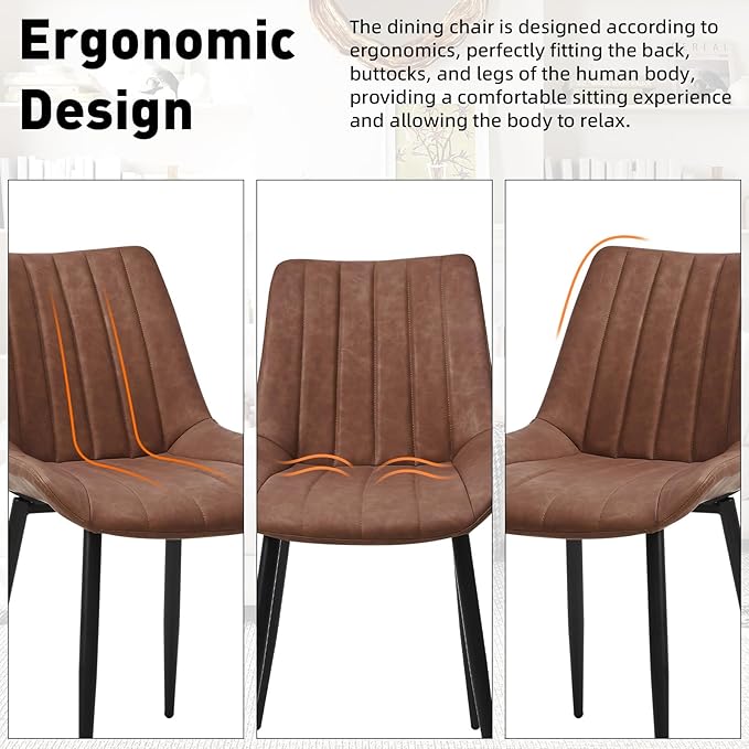 Dining Chairs Set of 6, Faux Leather Modern Linear Design Dining Chair with Metal Legs, 16.9" Seat Width Chair for Kitchen, Lounge, Reception Room, Restaurant, Commercial (Brown)