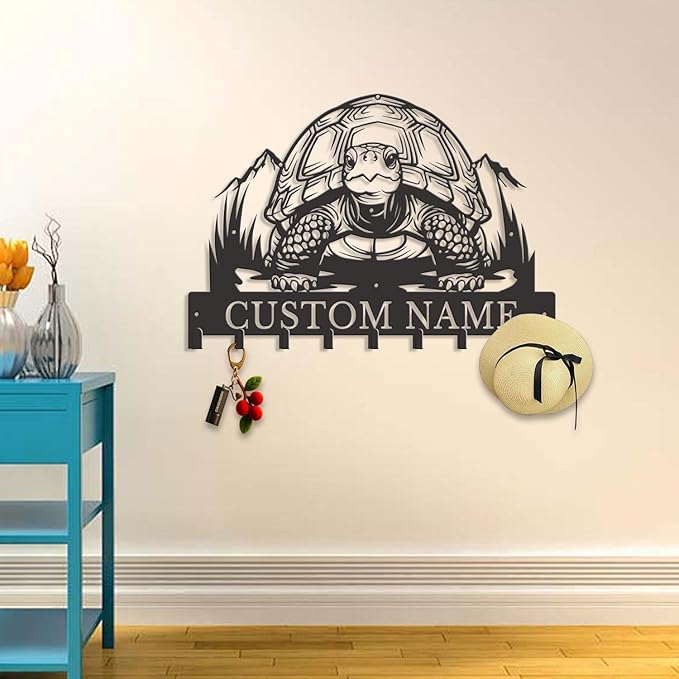 Custom Tortoise Metal Key Holder for Wall, Personalized Family Name Metal Sign with Hooks, Entryway Coat Rack and Organizer for Keys, Leashes, Hats (Style-3)