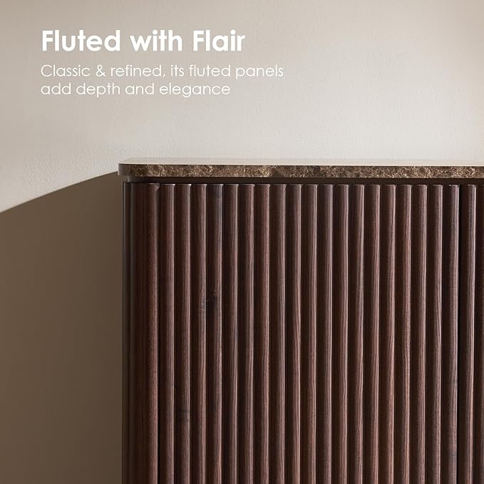 Fluted 2 Doors Sideboard Cabinet with Storage-Wooden Credenza w/Shelves, Faux Marble-Top Coffee Bar Console Table, Modern Buffet Cabinet for Dining, Kitchen, Living Room, Entryway, Dark Oak, 3pcs