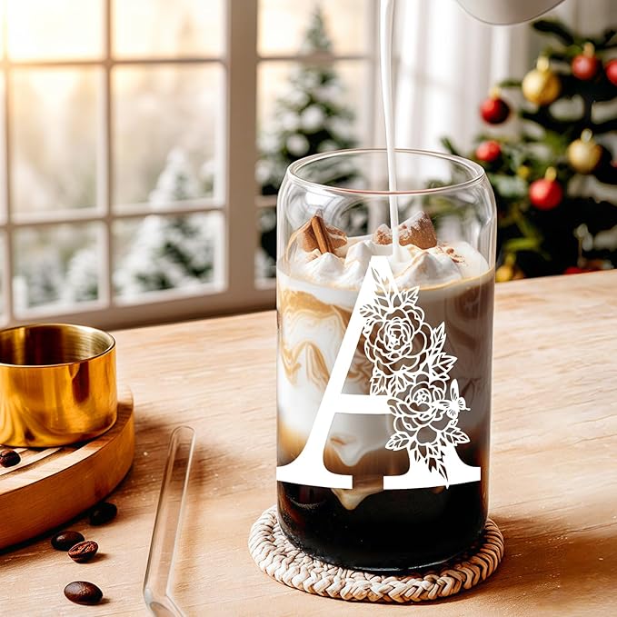 Birthday Gifts for Women: DWTS Initial Glass Cup as Office Graduation Memorial Holiday Personalized Gifts - for Husband Aunt Uncle Teen Boy Employee Coworkers Him and Her - A Aesthetic Cup