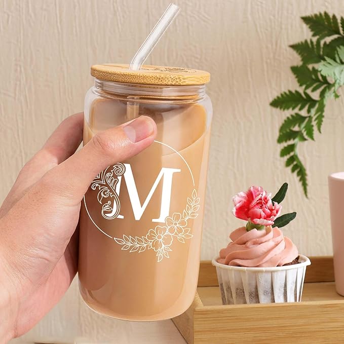 Initial Glass Cup with Engraving Cup Lid Personalized Birthday Gifts for Women Unique Monogrammed Presents Customized Gifts for Women Personalized Presents Presents for Her Mom Friend Birthday