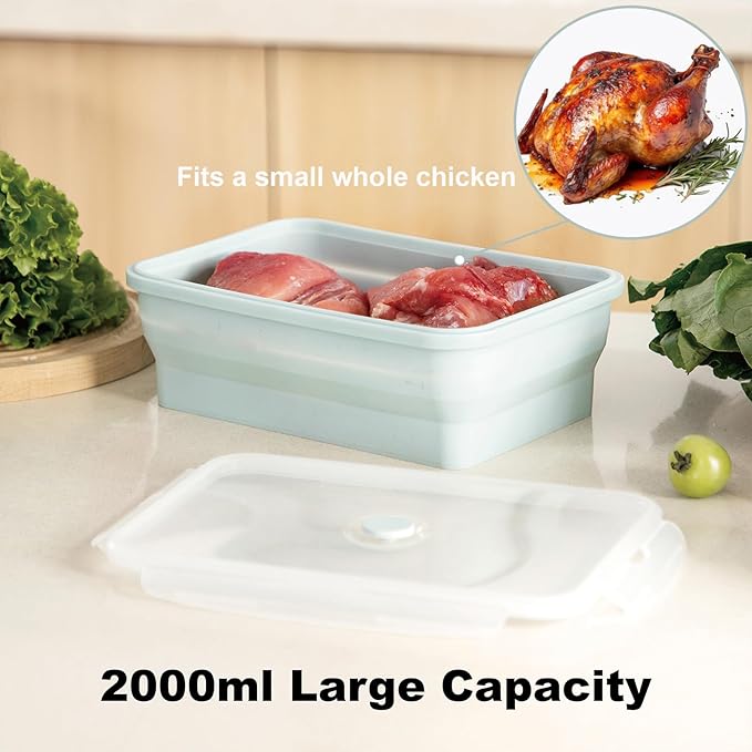 Extra Large Collapsible Silicone Food Storage Containers With Lids & Air Vent, 2 Pack 2000ml/68oz, XXL Foldable Marinade Container for Kitchen, Camping, Dishwasher, Microwave, Freezer Safe, BPA Free