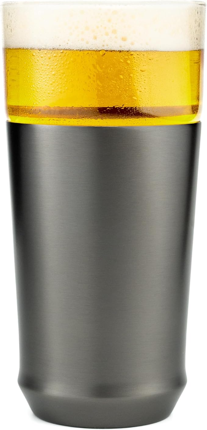 Elevated Craft Hybrid Vacuum Insulated Stainless Steel Base with Removable Pint Glass Insert, Ideal Insulation for Beers & Cold Beverages with Built-in Bottle Opener, Durable & Stylish, Black (16 oz)