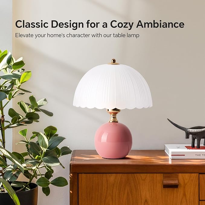 Ceramic Table lamp, Modern Bedside Lamps Pink Mid Century Vintage Desk Lamp Retro Glass Mushroom Traditional Lamp for Nightstand Living Room Bedroom Home Decor (S05PK-1PACK)
