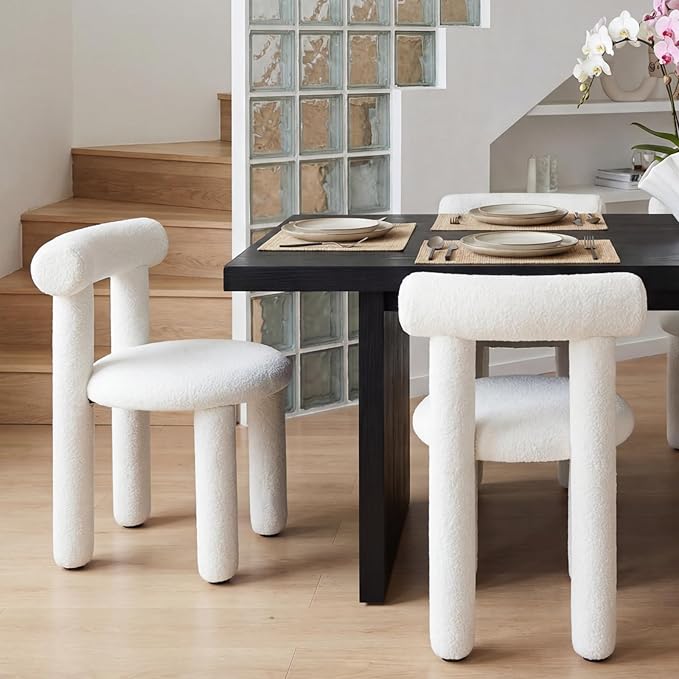 DUOMAY Modern White Boucle Dining Chairs Set of 6, Sherpa Upholstered Kitchen Chairs Armless Barrel Back Dining Chair, Living Dining Room Chairs, Reception, White