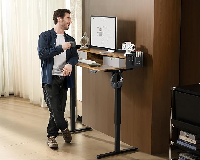 48x24 Inches Electric Standing Desk with 2 Drawers, Height Adjustable Stand up Desk for Home Office, Ergonomic Sit to Stand Table with Storage Shelf, DIY Board, Hooks, Rustic Brown