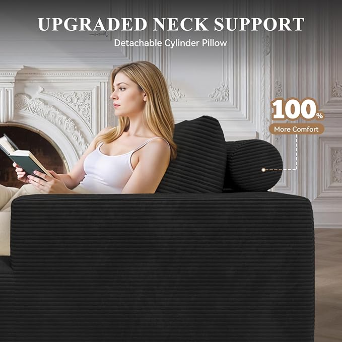 134" Boneless Couches for Living Room,Big Modular Sectional Sofa with Ottoman,Cloud Couch in a Box,Sponge Compression U Shaped Sofas with Chaise No Assembly Required,Black,1pcs