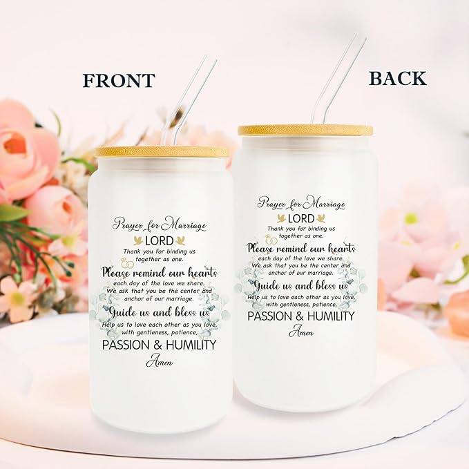 Marriage Wedding Gifts, Marriage Blessing Gifts Gifts For Couples, Prayer For Marriage Gifts For Couples, Wedding Sign Cup 16oz Glass Cup With Lid And Straw, Valentines Gift For Wife