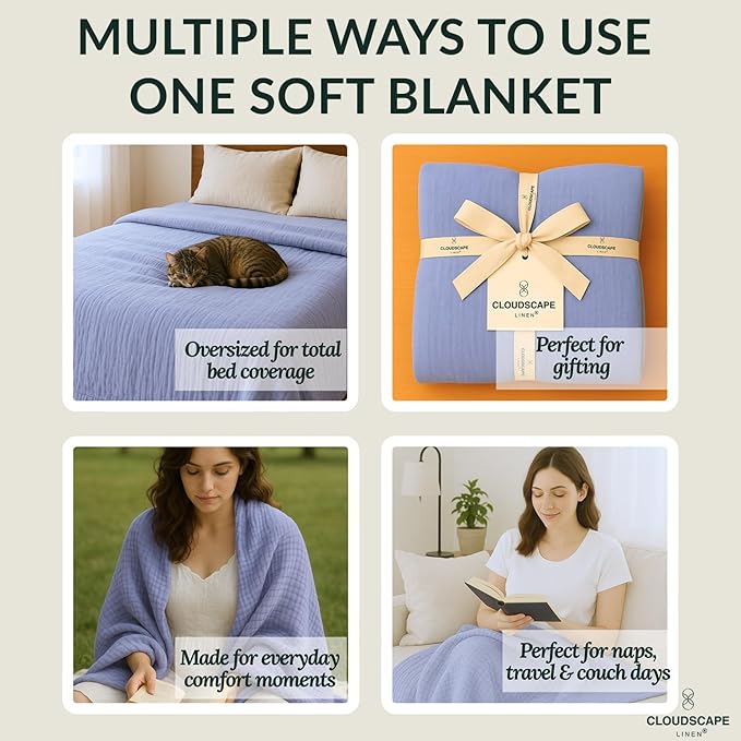 Cloud Scape Linen 8-Layer Muslin Blanket King Size for Adult - 100% Cotton, Breathable and Soft, Perfect Winter Cozy Blanket, Fits up to California King Bed, 92x108, Lavender Blue