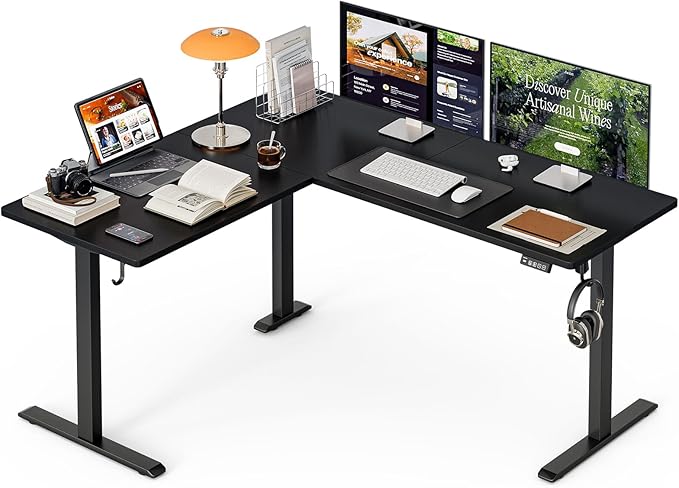 Grandder 63 x 55 Inch L Shaped Standing Desk, Electric Height Adjustable Corner Stand Up Desk, Sit Stand Corner Table Home Office Table, Black Top Black Frame