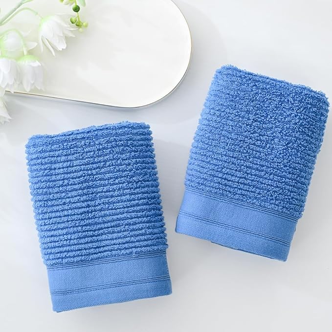 YiLUOMO 100% Cotton Blue Hand Towel Set of 2 Ribbed Striped Pattern Soft Absorbent Decorative Towel for Bathroom 13 x 29 Inch