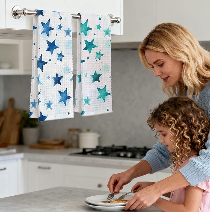 2-Pack Watercolor Star Towel, Star Waffle Towels, Nursery & Bathroom Hand Towel, 16x24 Inch Blue & Azure Dish Tea Towel Decor for Kitchen & Nursery & Bathroom, Gift For Friends & Homeowners.