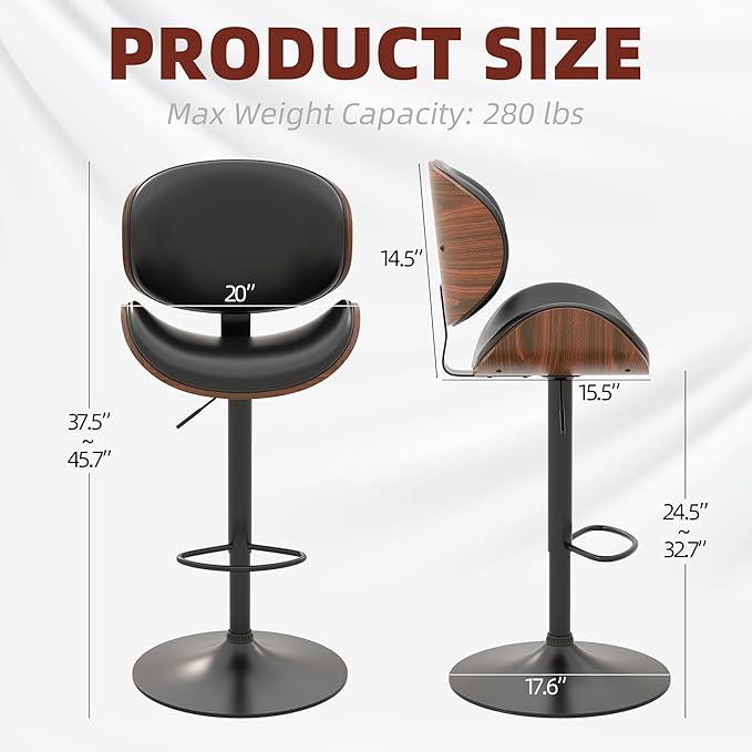 civama Bar Stools Set of 4 for Kitchen Counter, Adjustable Bar Height Chairs, Modern Swivel Barstools with Bentwood Seat and Back with Footrest for Kitchen Island, Dining Room, Black PU Leather