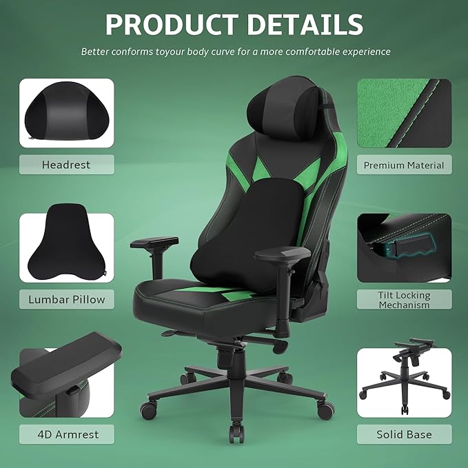 Ergonomic Gaming Chair, Wyrdforging Computer Desk Chairs, 4D Armrests, High Back Office Chair With Headrest & Lumbar Pillow, Tilt Rocker Recliner, Heavy-Duty Base, Black PU Leather & Green Suede Combo