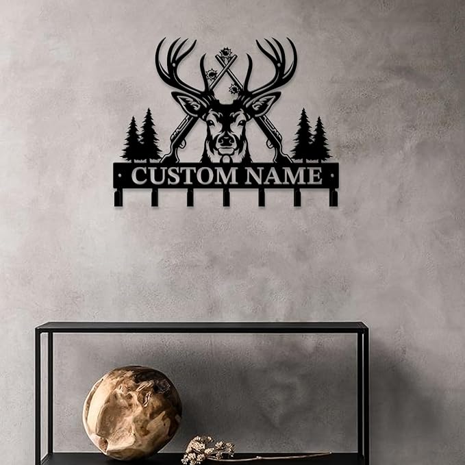 Personalized Custom Name Hunting Deer Wall Key Hooks,Metal Hunting Art Clothes Hooks,Metal Hunting Wall Home Storage Decorative,Hunter For Front Door, Hallway, Kitchen, Bedroom,Keys,Hats (Style I)